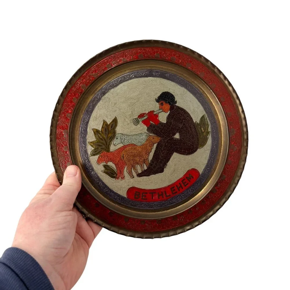 Vintage Brass Bethlehem Wall Plate Champlevé Enamel‎ Shepherd Decor